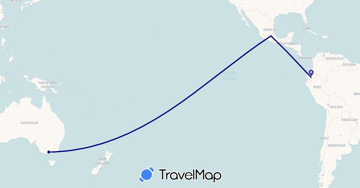 TravelMap itinerary: driving in Australia, Ecuador, Mexico (North America, Oceania, South America)